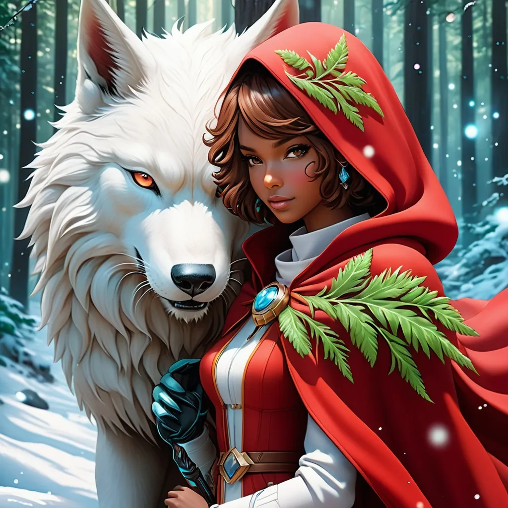 Prompt: The beautiful Red Riding Hood is in love with the anthropomorphic Big white Winter wolf man , detailed, fern leaves, Snow, by artgerm, tom bagshaw, Megan duncanson, James Jean, shaun tan, madoka magica, by kay nielsen, embossing fairy tale, whimsical, trending on artstation. Super clear resolution, elegant beautiful, lovely, best quality, beautifully lit, vray tracing

Within this 8K anime-style masterpiece, imagine not only the extraordinary humanoid carpenter bee but also a captivating Digimon companion standing by your side. The bee, with its glowing brown skin and animated afro hairstyle, exudes vitality. In your grasp, the luminous lightsaber adds an element of forceful determination, all meticulously detailed in the anime aesthetic.

Your focused expression as you tap into the force is complemented by the presence of your Digimon companion. This digital creature, intricately designed in the high-definition resolution, stands by your side, ready for the cosmic adventure. Against the futuristic dreamscape backdrop, swirling galaxies and vivid lighting create an enchanting atmosphere.

Together, you and your Digimon companion become central figures in this 8K anime masterpiece, blending dynamic character design, force manipulation, and the digital mystique of the Digimon universe, all rendered in stunning detail.