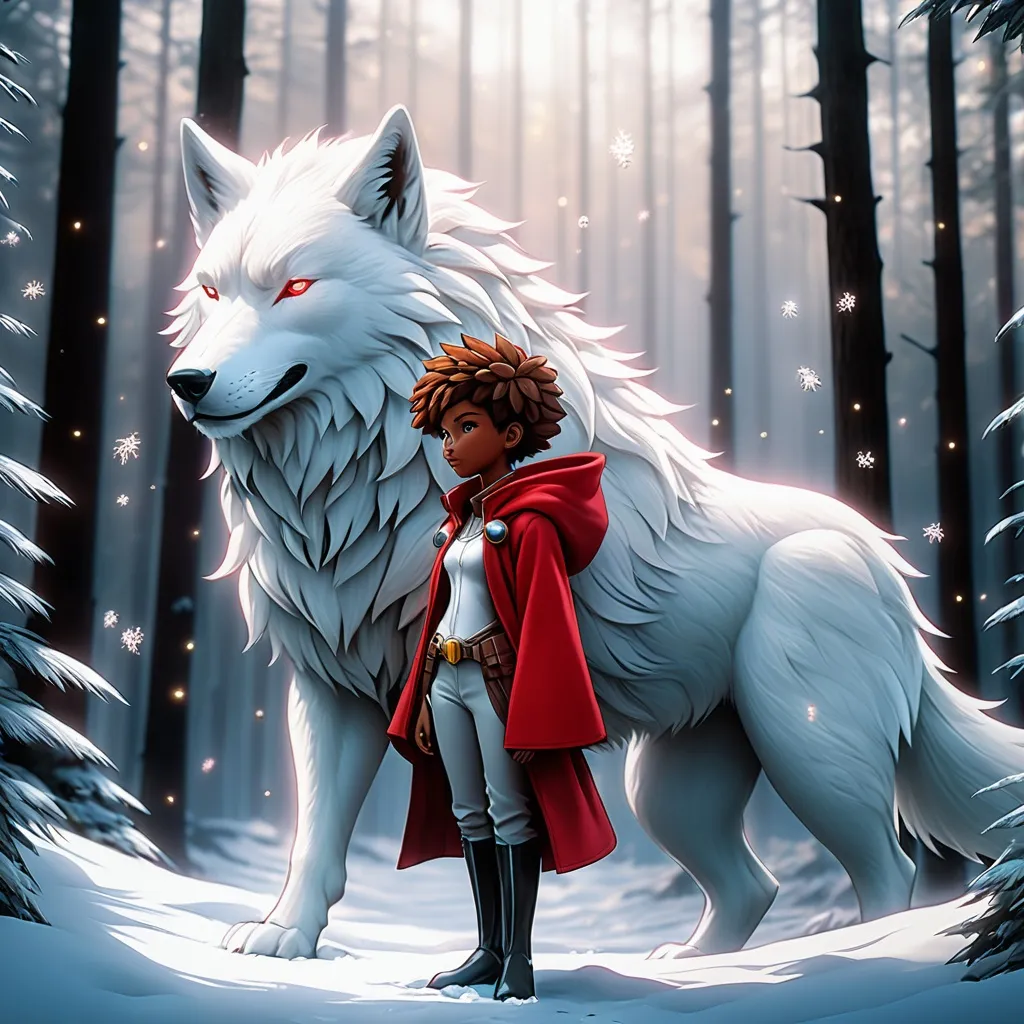 Prompt: The beautiful Red Riding Hood is in love with the anthropomorphic Big white Winter wolf man , detailed, fern leaves, Snow, by artgerm, tom bagshaw, Megan duncanson, James Jean, shaun tan, madoka magica, by kay nielsen, embossing fairy tale, whimsical, trending on artstation. Super clear resolution, elegant beautiful, lovely, best quality, beautifully lit, vray tracing

Within this 8K anime-style masterpiece, imagine not only the extraordinary humanoid carpenter bee but also a captivating Digimon companion standing by your side. The bee, with its glowing brown skin and animated afro hairstyle, exudes vitality. In your grasp, the luminous lightsaber adds an element of forceful determination, all meticulously detailed in the anime aesthetic.

Your focused expression as you tap into the force is complemented by the presence of your Digimon companion. This digital creature, intricately designed in the high-definition resolution, stands by your side, ready for the cosmic adventure. Against the futuristic dreamscape backdrop, swirling galaxies and vivid lighting create an enchanting atmosphere.

Together, you and your Digimon companion become central figures in this 8K anime masterpiece, blending dynamic character design, force manipulation, and the digital mystique of the Digimon universe, all rendered in stunning detail.