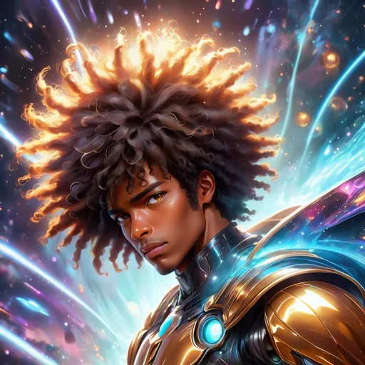 Prompt: Creating a detailed visual description for an 8K high-definition anime-style artwork:

Imagine an impressive humanoid carpenter bee, his brown skin glowing with a healthy vibrancy. His distinctive afro hairstyle is a burst of energy, meticulously animated to convey dynamism in the 8K resolution. In his grasp, a luminous lightsaber emits a brilliant glow, reflecting the intricate design elements typical of anime aesthetics.

The character's expression is one of focused determination as he taps into the force, showcasing the fine details of the anime style. The background is a futuristic dreamscape with swirling galaxies and vivid, colorful lighting that adds depth to the scene. The lighting effects in the 8K resolution capture the essence of a cosmic ballet, enhancing the overall visual impact of this captivating artwork.