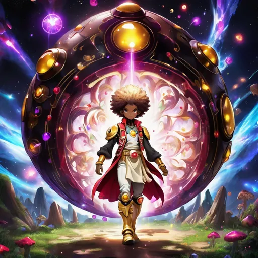 Prompt: Adventure Mushroom person with a cream mushroom head with red spots and gold trim and gems, wearing a cream shirt with a red and black vest with gold trim and gems and skirt with high boots 

Vivid purple mantis surrounded by glowing swirling iridescent violet energy as it prepares to Obliterate the world
Black guy brown skin 
Within this 8K anime-style but also a captivating Digimon companion standing by your side. The bee, with its glowing brown skin and animated afro hairstyle, exudes vitality. In your grasp, the luminous lightsaber adds an element of forceful determination, all meticulously detailed in the anime aesthetic.

Your focused expression as you tap into the force is complemented by the presence of your Digimon companion. This digital creature, intricately designed in the high-definition resolution, stands by your side, ready for the cosmic adventure. Against the futuristic dreamscape backdrop, swirling galaxies and vivid lighting create an enchanting atmosphere.

Together, you and your Digimon companion become central figures in this 8K anime masterpiece, blending dynamic character design, force manipulation, and the digital mystique of the Digimon universe, all rendered in stunning detail.