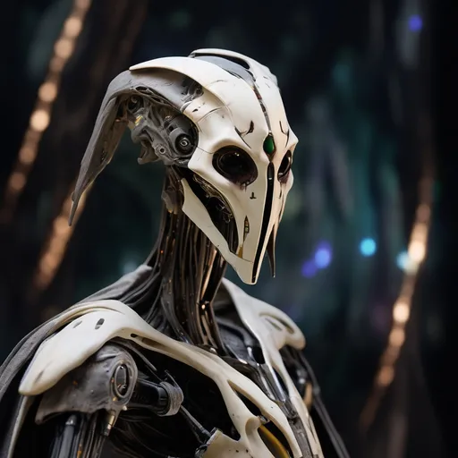 Prompt: Generate an awe-inspiring 8K photorealistic artwork depicting General Grievous undergoing a cosmic transformation. Craft a sinister and demonic facial expression that mirrors the dark nature of this formidable character. Ensure meticulous attention to detail, capturing the intricate cybernetic features and the ominous glow of Grievous's eyes.

Place General Grievous in the midst of a cosmic background, where swirling galaxies and celestial elements intensify the atmosphere. Enhance the realism by depicting cosmic dust and ethereal lights that surround Grievous during this formidable metamorphosis.

Strive to create an immersive visual narrative, fusing the iconic presence of General Grievous with the cosmic elements, delivering a breathtaking 8K masterpiece that captures the essence of this powerful and enigmatic character in a truly cosmic setting.
