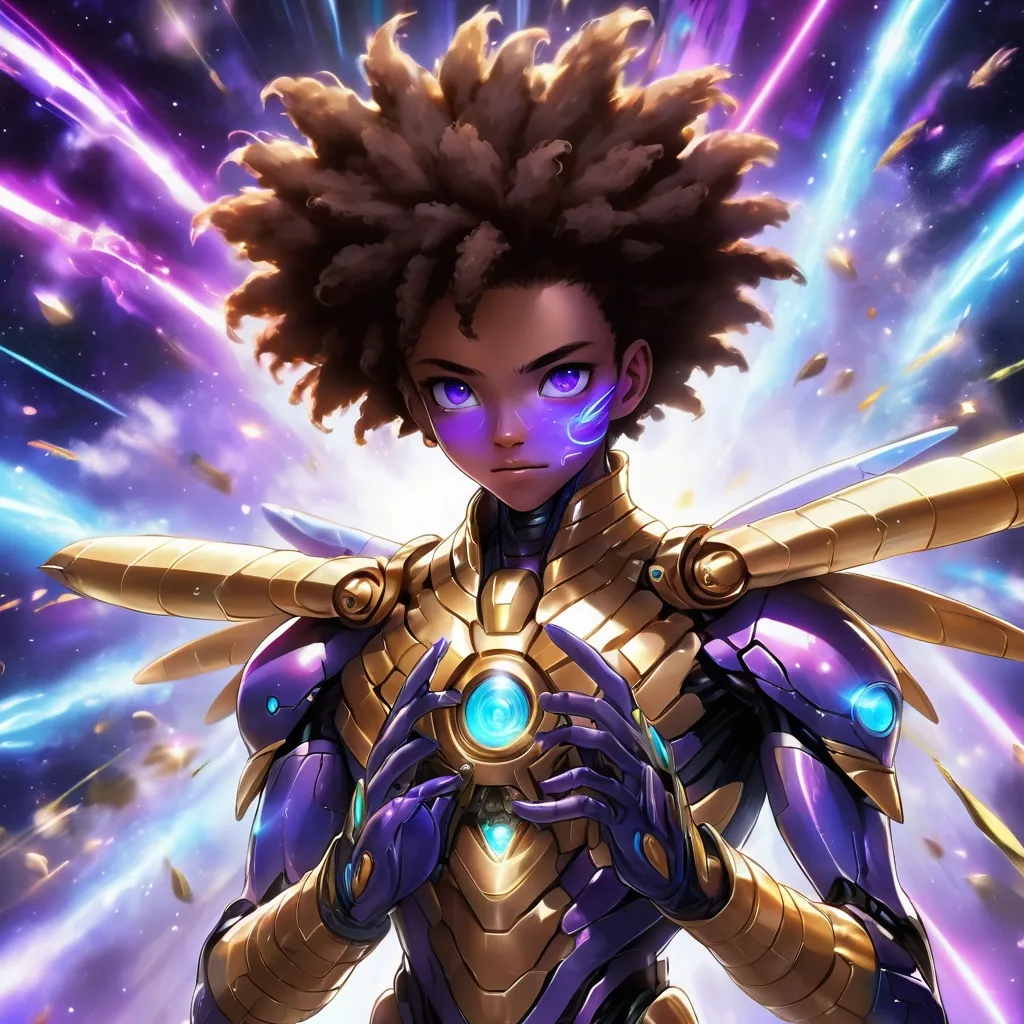 Prompt: tarantula clad in shimmering gold exoskeleton with a tan neck fluff and blue carpenterbee eyes

Vivid purple mantis surrounded by glowing swirling iridescent violet energy as it prepares to Obliterate the world
Black guy brown skin 
Within this 8K anime-style but also a captivating Digimon companion standing by your side. The bee, with its glowing brown skin and animated afro hairstyle, exudes vitality. In your grasp, the luminous lightsaber adds an element of forceful determination, all meticulously detailed in the anime aesthetic.

Your focused expression as you tap into the force is complemented by the presence of your Digimon companion. This digital creature, intricately designed in the high-definition resolution, stands by your side, ready for the cosmic adventure. Against the futuristic dreamscape backdrop, swirling galaxies and vivid lighting create an enchanting atmosphere.

Together, you and your Digimon companion become central figures in this 8K anime masterpiece, blending dynamic character design, force manipulation, and the digital mystique of the Digimon universe, all rendered in stunning detail.