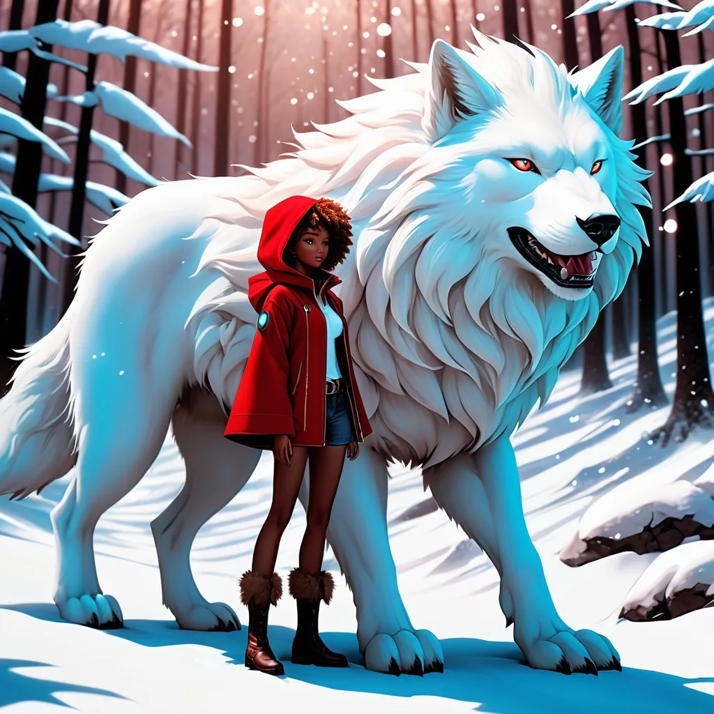 Prompt: The beautiful Red Riding Hood is in love with the anthropomorphic Big white Winter wolf man , detailed, fern leaves, Snow, by artgerm, tom bagshaw, Megan duncanson, James Jean, shaun tan, madoka magica, by kay nielsen, embossing fairy tale, whimsical, trending on artstation. Super clear resolution, elegant beautiful, lovely, best quality, beautifully lit, vray tracing

Within this 8K anime-style masterpiece, imagine not only the extraordinary humanoid carpenter bee but also a captivating Digimon companion standing by your side. The bee, with its glowing brown skin and animated afro hairstyle, exudes vitality. In your grasp, the luminous lightsaber adds an element of forceful determination, all meticulously detailed in the anime aesthetic.

Your focused expression as you tap into the force is complemented by the presence of your Digimon companion. This digital creature, intricately designed in the high-definition resolution, stands by your side, ready for the cosmic adventure. Against the futuristic dreamscape backdrop, swirling galaxies and vivid lighting create an enchanting atmosphere.

Together, you and your Digimon companion become central figures in this 8K anime masterpiece, blending dynamic character design, force manipulation, and the digital mystique of the Digimon universe, all rendered in stunning detail.