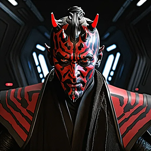 Prompt: Generate an awe-inspiring 8K photorealistic artwork featuring Darth Maul within the confines of a futuristic spaceship. Capture the intricate details of Maul's menacing presence, from his distinctive facial tattoos to the crimson glow of his dual lightsaber. Populate the spacecraft with advanced technological elements, showcasing a seamless fusion of Sith aesthetics and futuristic design.

Emphasize the interplay of light and shadow within the spaceship, enhancing the atmosphere and adding depth to the composition. Envision dynamic poses and expressions that convey Darth Maul's iconic intensity amidst the high-tech surroundings. Ensure meticulous attention to detail, creating a visually stunning scene that transports viewers into a sci-fi realm where the dark side of the Force meets cutting-edge technology.