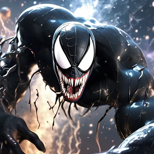 Prompt: Generate a stunning 8K photorealistic artwork featuring Spider-Man's Venom in an intense cosmic setting. Capture the essence of a demonic transformation with a facial expression exuding malevolence. Emphasize the realism of Venom's features, including venom dripping menacingly from his mouth. Set this fearsome character against a cosmic background filled with swirling galaxies and celestial elements, creating a visually striking and immersive scene.