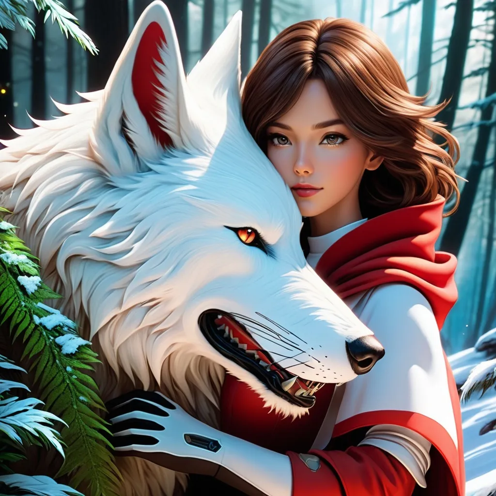 Prompt: The beautiful Red Riding Hood is in love with the anthropomorphic Big white Winter wolf man , detailed, fern leaves, Snow, by artgerm, tom bagshaw, Megan duncanson, James Jean, shaun tan, madoka magica, by kay nielsen, embossing fairy tale, whimsical, trending on artstation. Super clear resolution, elegant beautiful, lovely, best quality, beautifully lit, vray tracing

Within this 8K anime-style masterpiece, imagine not only the extraordinary humanoid carpenter bee but also a captivating Digimon companion standing by your side. The bee, with its glowing brown skin and animated afro hairstyle, exudes vitality. In your grasp, the luminous lightsaber adds an element of forceful determination, all meticulously detailed in the anime aesthetic.

Your focused expression as you tap into the force is complemented by the presence of your Digimon companion. This digital creature, intricately designed in the high-definition resolution, stands by your side, ready for the cosmic adventure. Against the futuristic dreamscape backdrop, swirling galaxies and vivid lighting create an enchanting atmosphere.

Together, you and your Digimon companion become central figures in this 8K anime masterpiece, blending dynamic character design, force manipulation, and the digital mystique of the Digimon universe, all rendered in stunning detail.