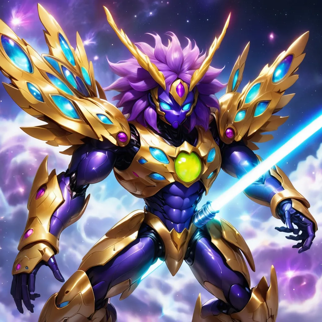 Prompt: tarantula clad in shimmering gold exoskeleton with a tan neck fluff and blue carpenterbee eyes 
With super Saiyan golden hair

Vivid purple mantis surrounded by glowing swirling iridescent violet energy as it prepares to Obliterate the world
Black guy brown skin 
Within this 8K anime-style but also a captivating Digimon companion standing by your side. The bee, with its glowing brown skin and animated afro hairstyle, exudes vitality. In your grasp, the luminous lightsaber adds an element of forceful determination, all meticulously detailed in the anime aesthetic.

Your focused expression as you tap into the force is complemented by the presence of your Digimon companion. This digital creature, intricately designed in the high-definition resolution, stands by your side, ready for the cosmic adventure. Against the futuristic dreamscape backdrop, swirling galaxies and vivid lighting create an enchanting atmosphere.

Together, you and your Digimon companion become central figures in this 8K anime masterpiece, blending dynamic character design, force manipulation, and the digital mystique of the Digimon universe, all rendered in stunning detail.