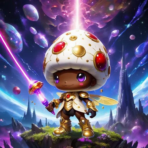 Prompt: Adventure Mushroom person with a cream mushroom head with red spots and gold trim and gems, wearing a cream shirt with a red and black vest with gold trim and gems and skirt with high boots 

Vivid purple mantis surrounded by glowing swirling iridescent violet energy as it prepares to Obliterate the world
Black guy brown skin 
Within this 8K anime-style but also a captivating Digimon companion standing by your side. The bee, with its glowing brown skin and animated afro hairstyle, exudes vitality. In your grasp, the luminous lightsaber adds an element of forceful determination, all meticulously detailed in the anime aesthetic.

Your focused expression as you tap into the force is complemented by the presence of your Digimon companion. This digital creature, intricately designed in the high-definition resolution, stands by your side, ready for the cosmic adventure. Against the futuristic dreamscape backdrop, swirling galaxies and vivid lighting create an enchanting atmosphere.

Together, you and your Digimon companion become central figures in this 8K anime masterpiece, blending dynamic character design, force manipulation, and the digital mystique of the Digimon universe, all rendered in stunning detail.