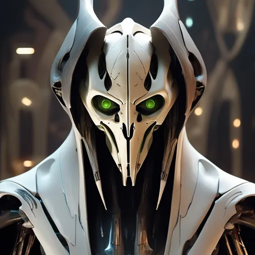 Prompt: Generate an awe-inspiring 8K photorealistic artwork depicting General Grievous undergoing a cosmic transformation. Craft a sinister and demonic facial expression that mirrors the dark nature of this formidable character. Ensure meticulous attention to detail, capturing the intricate cybernetic features and the ominous glow of Grievous's eyes.

Place General Grievous in the midst of a cosmic background, where swirling galaxies and celestial elements intensify the atmosphere. Enhance the realism by depicting cosmic dust and ethereal lights that surround Grievous during this formidable metamorphosis.

Strive to create an immersive visual narrative, fusing the iconic presence of General Grievous with the cosmic elements, delivering a breathtaking 8K masterpiece that captures the essence of this powerful and enigmatic character in a truly cosmic setting.