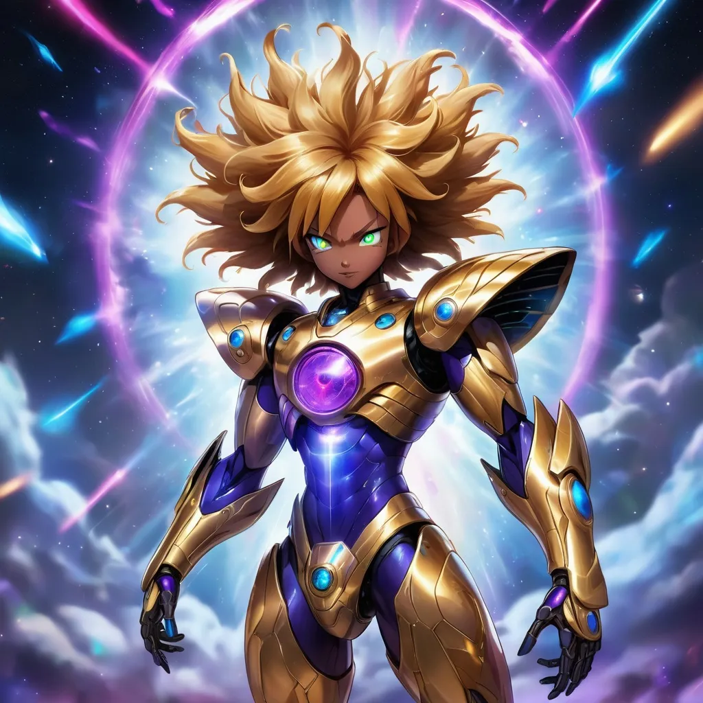 Prompt: tarantula clad in shimmering gold exoskeleton with a tan neck fluff and blue carpenterbee eyes 
With super Saiyan golden hair

Vivid purple mantis surrounded by glowing swirling iridescent violet energy as it prepares to Obliterate the world
Black guy brown skin 
Within this 8K anime-style but also a captivating Digimon companion standing by your side. The bee, with its glowing brown skin and animated afro hairstyle, exudes vitality. In your grasp, the luminous lightsaber adds an element of forceful determination, all meticulously detailed in the anime aesthetic.

Your focused expression as you tap into the force is complemented by the presence of your Digimon companion. This digital creature, intricately designed in the high-definition resolution, stands by your side, ready for the cosmic adventure. Against the futuristic dreamscape backdrop, swirling galaxies and vivid lighting create an enchanting atmosphere.

Together, you and your Digimon companion become central figures in this 8K anime masterpiece, blending dynamic character design, force manipulation, and the digital mystique of the Digimon universe, all rendered in stunning detail.