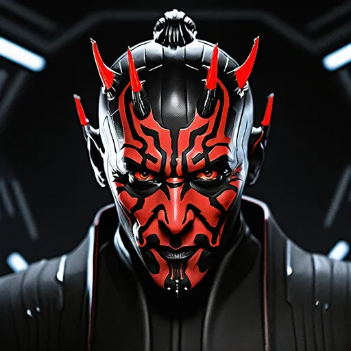 Prompt: Generate an awe-inspiring 8K photorealistic artwork featuring Darth Maul within the confines of a futuristic spaceship. Capture the intricate details of Maul's menacing presence, from his distinctive facial tattoos to the crimson glow of his dual lightsaber. Populate the spacecraft with advanced technological elements, showcasing a seamless fusion of Sith aesthetics and futuristic design.

Emphasize the interplay of light and shadow within the spaceship, enhancing the atmosphere and adding depth to the composition. Envision dynamic poses and expressions that convey Darth Maul's iconic intensity amidst the high-tech surroundings. Ensure meticulous attention to detail, creating a visually stunning scene that transports viewers into a sci-fi realm where the dark side of the Force meets cutting-edge technology.