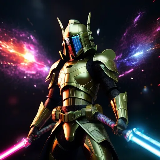 Prompt: Sci-fi armored ninja god, electric aura, fire katana, Apollo's son, dark lightning, futuristic setting, high-tech armor, intense battle stance, cosmic energy, dynamic pose, vibrant colors, detailed metallic textures, highres, futuristic, sci-fi, electric aura, dynamic pose, vibrant colors, intense battle, fire katana, Apollo's son, dark lightning, cosmic energy, high-tech armor, metallic textures
Creating a detailed visual description for an 8K high-definition anime-style artwork:

Imagine an impressive humanoid carpenter bee, his brown skin glowing with a healthy vibrancy. His distinctive afro hairstyle is a burst of energy, meticulously animated to convey dynamism in the 8K resolution. In his grasp, a luminous lightsaber emits a brilliant glow, reflecting the intricate design elements typical of anime aesthetics.

The character's expression is one of focused determination as he taps into the force, showcasing the fine details of the anime style. The background is a futuristic dreamscape with swirling galaxies and vivid, colorful lighting that adds depth to the scene. The lighting effects in the 8K resolution capture the essence of a cosmic ballet, enhancing the overall visual impact of this captivating artwork.