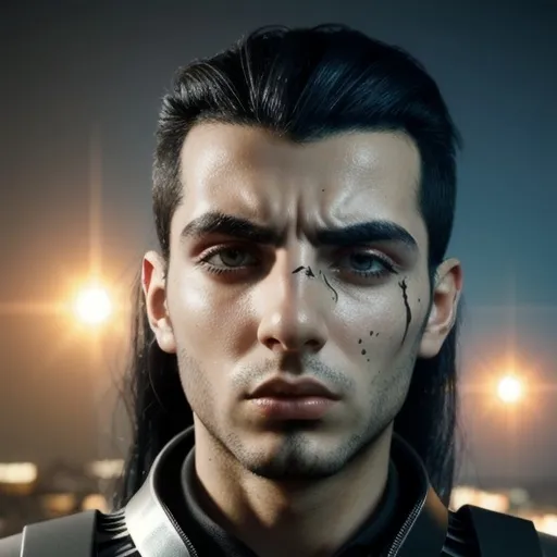 Prompt: Photorealistic picture of a futuristic young greek man with black hair, robotic extensions, devastated athen in the background, high quality, emotional, stressed out, ready to fight, shaking, detailed eyes, futuristic, explosive background, AI technology, intense gaze, intense lighting, photorealistic, scar