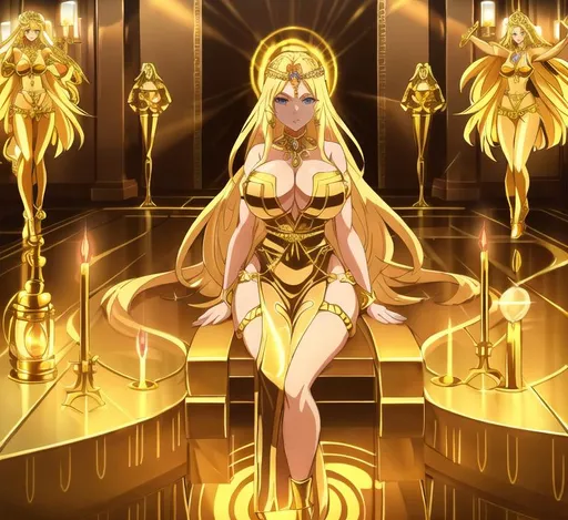 Prompt:  Greek goddess of greed with long glowing blonde hair, surrounded in treasure and gold, big blue eyes, curves, radiant skin, divine beauty, opulent jewelry, shimmering golden light, ultra-high quality, digital painting, luxurious, vibrant color palette, mythical, extravagant lighting, treasure trove, goddess, glamorous, opulence, radiant aura, detailed reflections, alluring presence