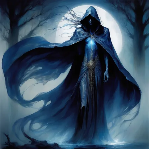 Prompt:   Male, tall, slender figure, face with sharp, angular features, skin is pale and seems almost transparent, eyes glow in a deep, eerie blue that looks like liquid moonlight, wearing a long, flowing cloak of dark, shimmering substance, tendrils to wind around the edges of the cloak Mystical tendrils are visible to his body