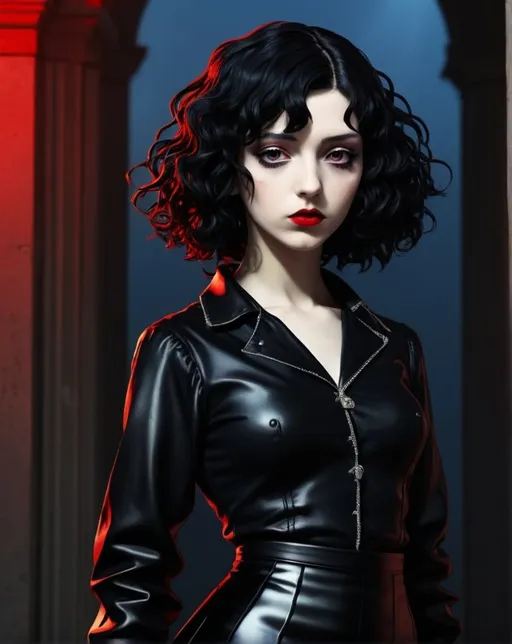 Prompt: Sandro Botticelli style a full-body, high-resolution anime style of a rebellious teenage female goth with short curly black hair, thin face, intense red lips, gothic fashion, inspired by the works of Yoshiaki Kawajiri, vibrant and edgy, with dramatic lighting and dynamic composition