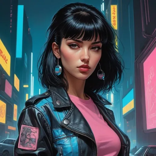 Prompt: Art Style by Moebius, A mysteriously beguiling cyberpunk woman, her smooth black hair falls in a sleek cascade framing striking brown eyes, accentuated by a set of bold bangs. Clad in a stylish leather jacket over a vibrant pink t-shirt and light blue denim jeans, she exudes an air of retro-futuristic coolness. The 80's cyberpunk background serves as a perfect complement to her edgy aesthetic. This captivating portrait, whether a painting or photograph, is rich in detail, capturing every nuance of her enigmatic allure with extraordinary precision and artistry.