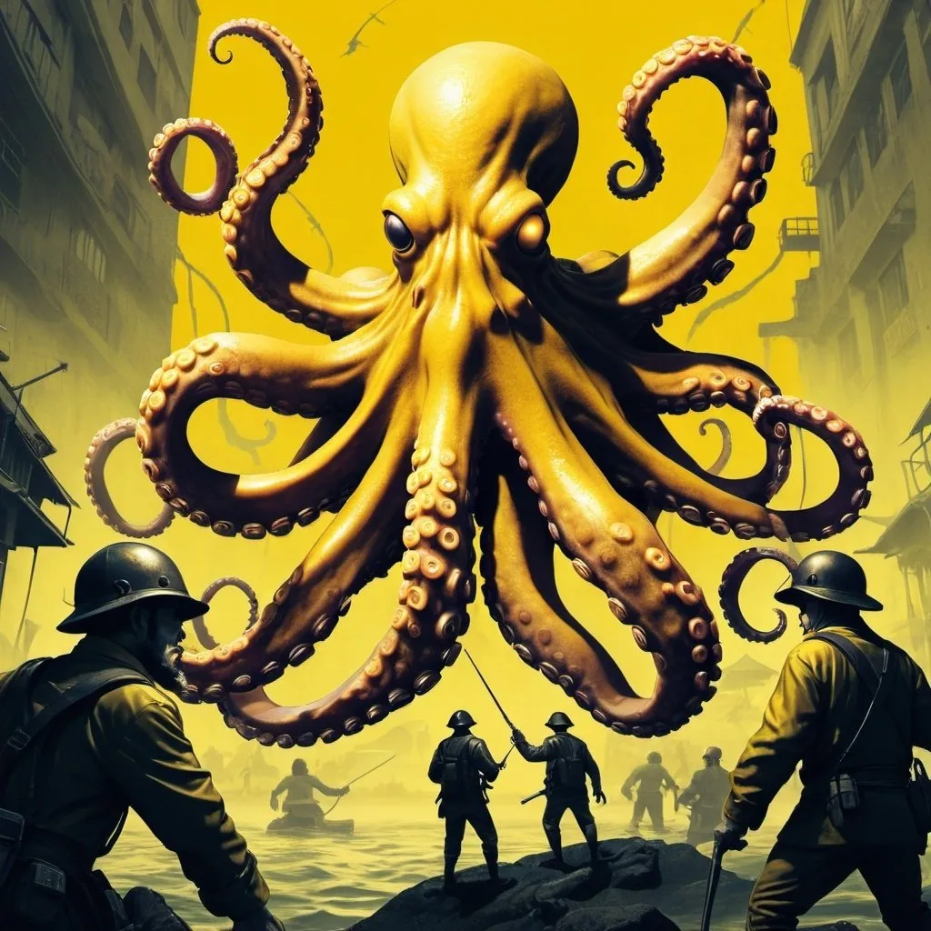 Prompt: an invasion poster, featuring an
octopus and two men, in the
style of yellow and bronze,
zbrush, unique yokai
illustrations, brutal action,
subdued palettes, comic book
style action, sharp contrast 
