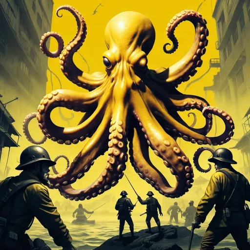 Prompt: an invasion poster, featuring an
octopus and two men, in the
style of yellow and bronze,
zbrush, unique yokai
illustrations, brutal action,
subdued palettes, comic book
style action, sharp contrast 
