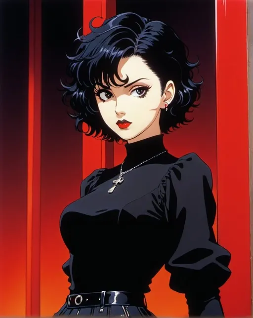 Prompt: 1990s anime screencap, a full-body, high-resolution anime style of a rebellious teenage female goth with short curly black hair, thin face, intense red lips, gothic fashion, inspired by the works of Yoshiaki Kawajiri, vibrant and edgy, with dramatic lighting and dynamic composition