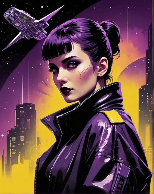 Prompt: 《bladerunner》filmposter：1 Lady, Starry sky and zodiac signs, Purple hues like nebulae, Vast space, city at the bottom of cyber punk personage, ( Background with:black and yellow Background with1.4), (RHAD:1.2), (artistic décor:1.4), (Retro-Future:1.4), (maximalist:1.4), (Clean:1.4), (Flat_colours:1.4), (cyber punk personage,Android:1.4), CCDDA art style, pulp style