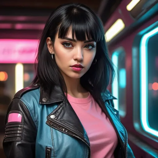 Prompt: A mysteriously beguiling cyberpunk woman, her smooth black hair falls in a sleek cascade framing striking brown eyes, accentuated by a set of bold bangs. Clad in a stylish leather jacket over a vibrant pink t-shirt and light blue denim jeans, she exudes an air of retro-futuristic coolness. The 80's cyberpunk background serves as a perfect complement to her edgy aesthetic. This captivating portrait, whether a painting or photograph, is rich in detail, capturing every nuance of her enigmatic allure with extraordinary precision and artistry.