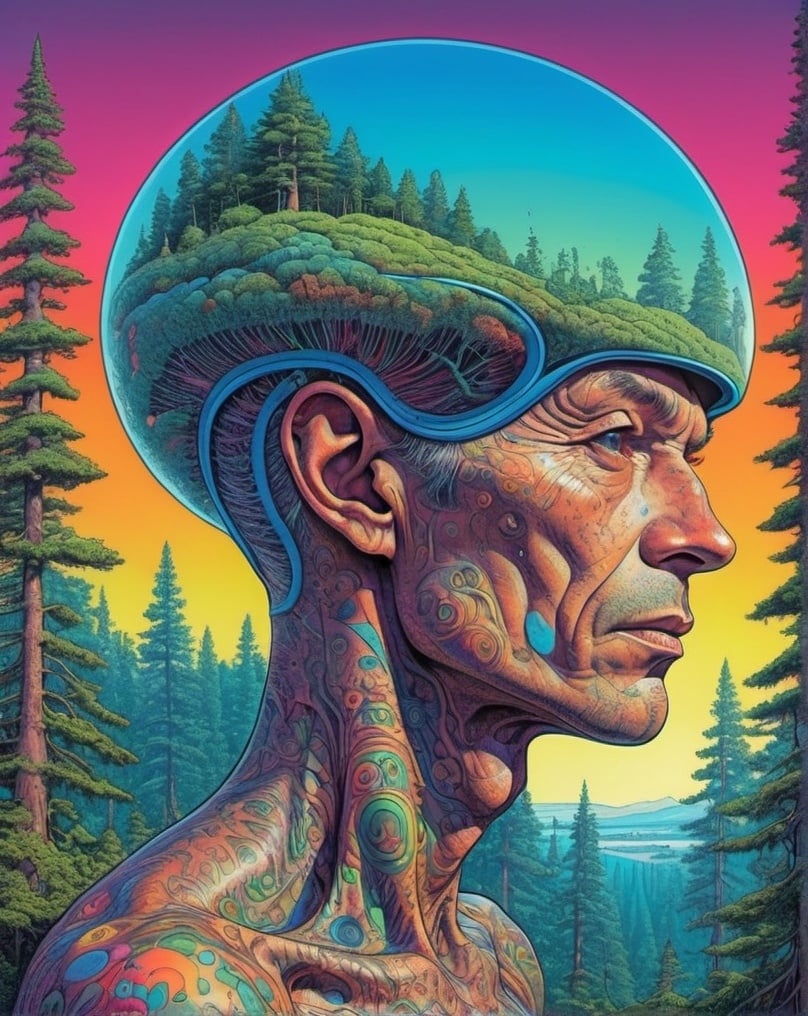 Prompt: psychedelic print 
Moebius (Jean Giraud) Style - A picture by Jean Giraud Moebius, ((masterpiece)), ((best quality)), (masterpiece, highest quality), (masterpiece), (masterpiece, best quality),
futuristic style A beautiful illustration of the mathematics of a tattooed alien, digital art, rainbow colors, very detailed face, magical mushroom forest in the background .
sleek, modern, ultramodern, high tech, detailed, blacklight makeup PsyAI, Psychedelic, Visionary art, DMT, LSD style by Moebius