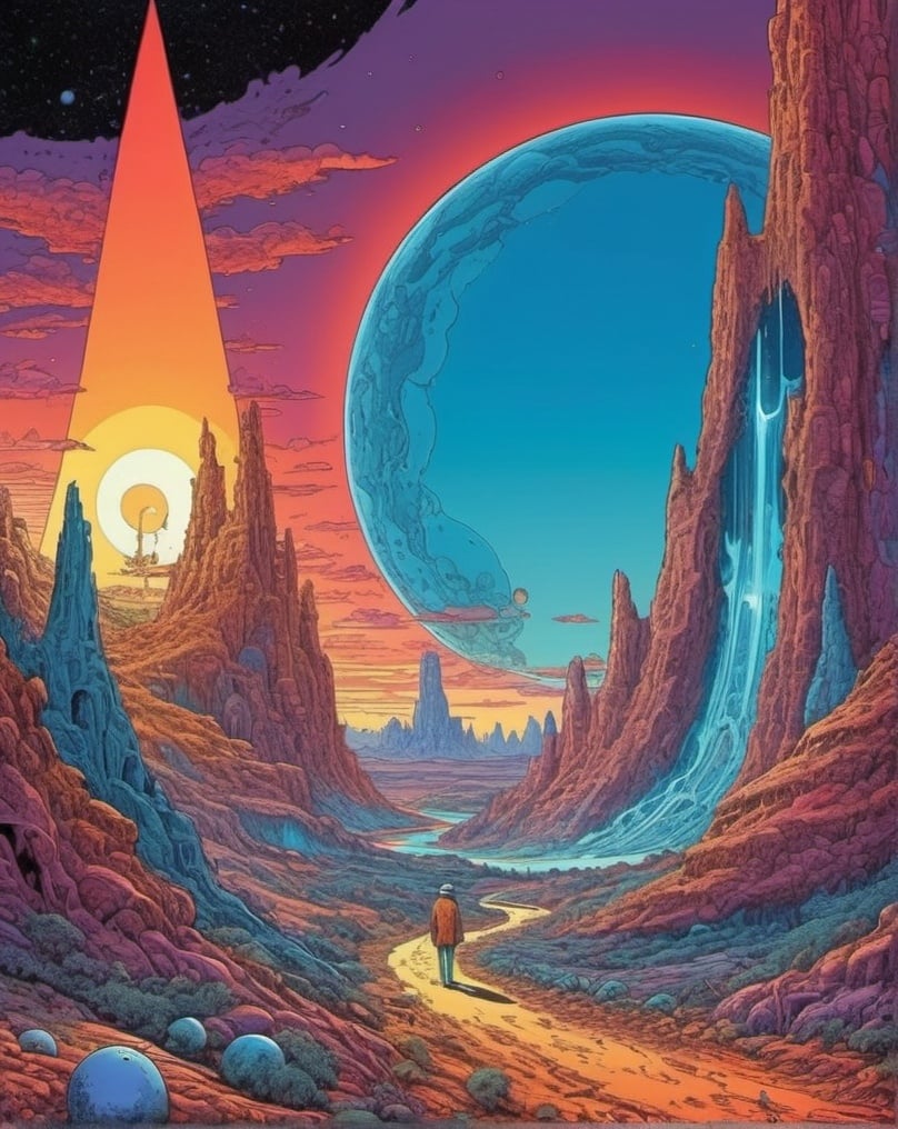 Prompt: psychedelic print 
Moebius (Jean Giraud) Style - A picture by Jean Giraud Moebius, ((masterpiece)), ((best quality)), (masterpiece, highest quality), (masterpiece),
(extremely intricate all details)、(extremely realistic all Texture )、(masterpiece), psychedelic abstract art, mind-bending, melting, vivid colors, 
a pop art painting inspired by Michael Deforge, dan mumford, tumblr, psychedelic art, psychedelic illustration, psychedelic acid trip, psychedelic trip, 
retro psychedelic illustration, psychedelic art style, psychedelic style, surreal psychedelic design, lsd trip, psychedelic fever dream, psychedelic lsd, 
shamanic horror lsd art, psychotropic psychedelic , crystal clear art style by Moebius