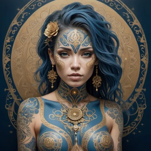 Prompt: an old styled illustration of a
beautiful woman with tattooed
hair, in the style of dark sky-blue
and light gold, intricate
body-painting, solarpunk,
intricate embellishments,
organic forms and shapes,
bayard wu, highly detailed
figures 

