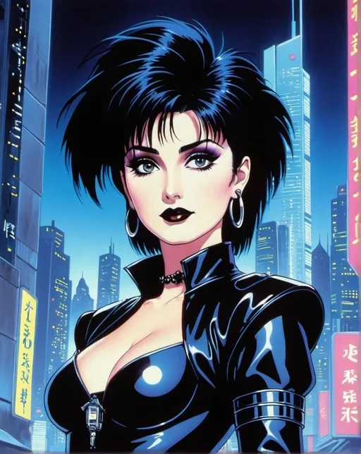 Prompt: 1990s anime screencap, 80s, 1girl, goth, siouxsie, michelle pffifer, cyberpunk, futuristic city background, 80s movie poster art style,