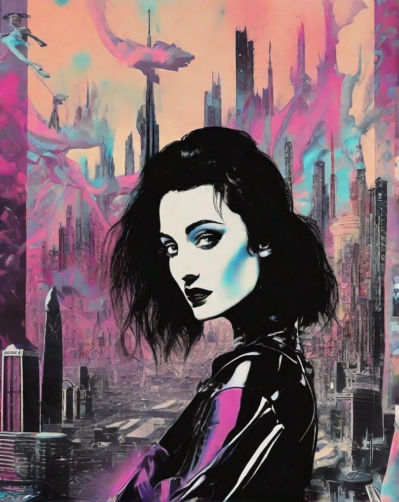 Prompt: Salvador Dalí style vision, surrealist, dreamlike, precise, melting, 80s, 1girl, goth, siouxsie, michelle pffifer, cyberpunk, futuristic city background, 80s movie poster art style,