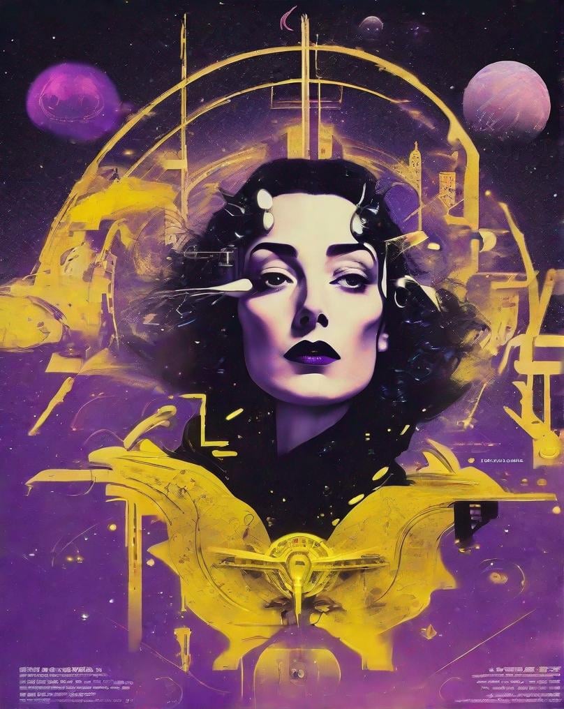 Prompt: Salvador Dalí style vision, surrealist, dreamlike, precise, melting, 《bladerunner》filmposter：1 Lady, Starry sky and zodiac signs, Purple hues like nebulae, Vast space, city at the bottom of cyber punk personage, ( Background with:black and yellow Background with1.4), (RHAD:1.2), (artistic décor:1.4), (Retro-Future:1.4), (maximalist:1.4), (Clean:1.4), (Flat_colours:1.4), (cyber punk personage,Android:1.4), CCDDA art style