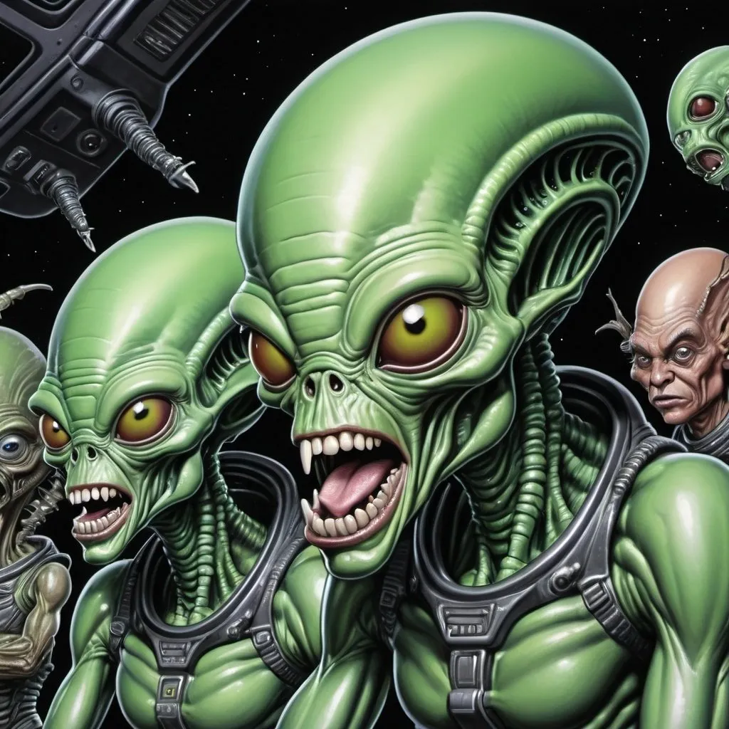 Prompt: aliens from mars by sam rizzo,
in the style of grotesque
caricatures, steelpunk, green
academia, high detail, neogeo,
award-winning, irridescent 
