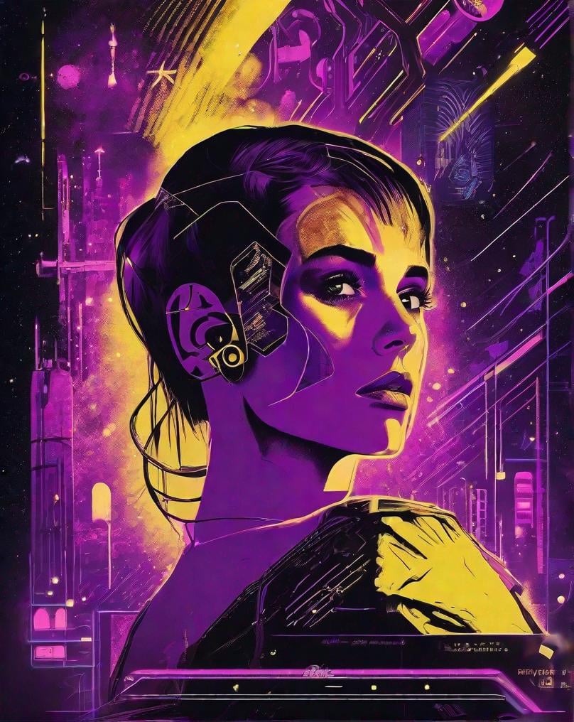 Prompt: retro 80s art, 《bladerunner》filmposter：1 Lady, Starry sky and zodiac signs, Purple hues like nebulae, Vast space, city at the bottom of cyber punk personage, ( Background with:black and yellow Background with1.4), (RHAD:1.2), (artistic décor:1.4), (Retro-Future:1.4), (maximalist:1.4), (Clean:1.4), (Flat_colours:1.4), (cyber punk personage,Android:1.4), CCDDA art style