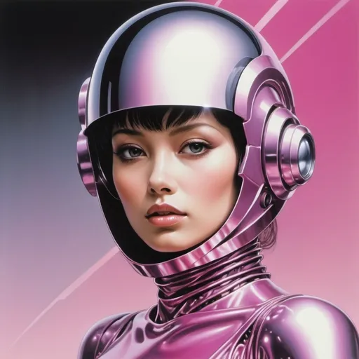 Prompt: an illustration that shows a
woman wearing a futuristic
outfit, in the style of richard
phillips, robotic expressionism,
jim burns, yoshitaka amano,
light magenta and silver, 1980s,
album covers