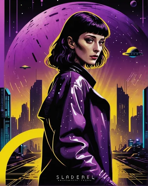 Prompt: Sandro Botticelli style a 《bladerunner》filmposter：1 Lady, Starry sky and zodiac signs, Purple hues like nebulae, Vast space, city at the bottom of cyber punk personage, ( Background with:black and yellow Background with1.4), (RHAD:1.2), (artistic décor:1.4), (Retro-Future:1.4), (maximalist:1.4), (Clean:1.4), (Flat_colours:1.4), (cyber punk personage,Android:1.4), CCDDA art style