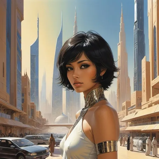 Prompt: Art style by Yoshitaka Amano, In the futuristic Saudi Arabian Metropolis, a strikingly unique woman with black short hair, brown eyes, and light brown tan skin stands out against the shiny chromed cityscape. Painted in the art style of Syd Mead, the image is a detailed and vibrant digital painting. The woman's features are beautifully illustrated with intricate details, capturing her mysterious allure. The cityscape behind her is depicted with a stunning blend of futuristic elements and traditional Saudi Arabian architecture, adding depth and realism to the scene. Overall, the image is a high-quality, visually captivating masterpiece that seamlessly combines modernity with cultural richness.