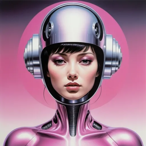 Prompt: an illustration that shows a
woman wearing a futuristic
outfit, in the style of richard
phillips, robotic expressionism,
jim burns, yoshitaka amano,
light magenta and silver, 1980s,
album covers
