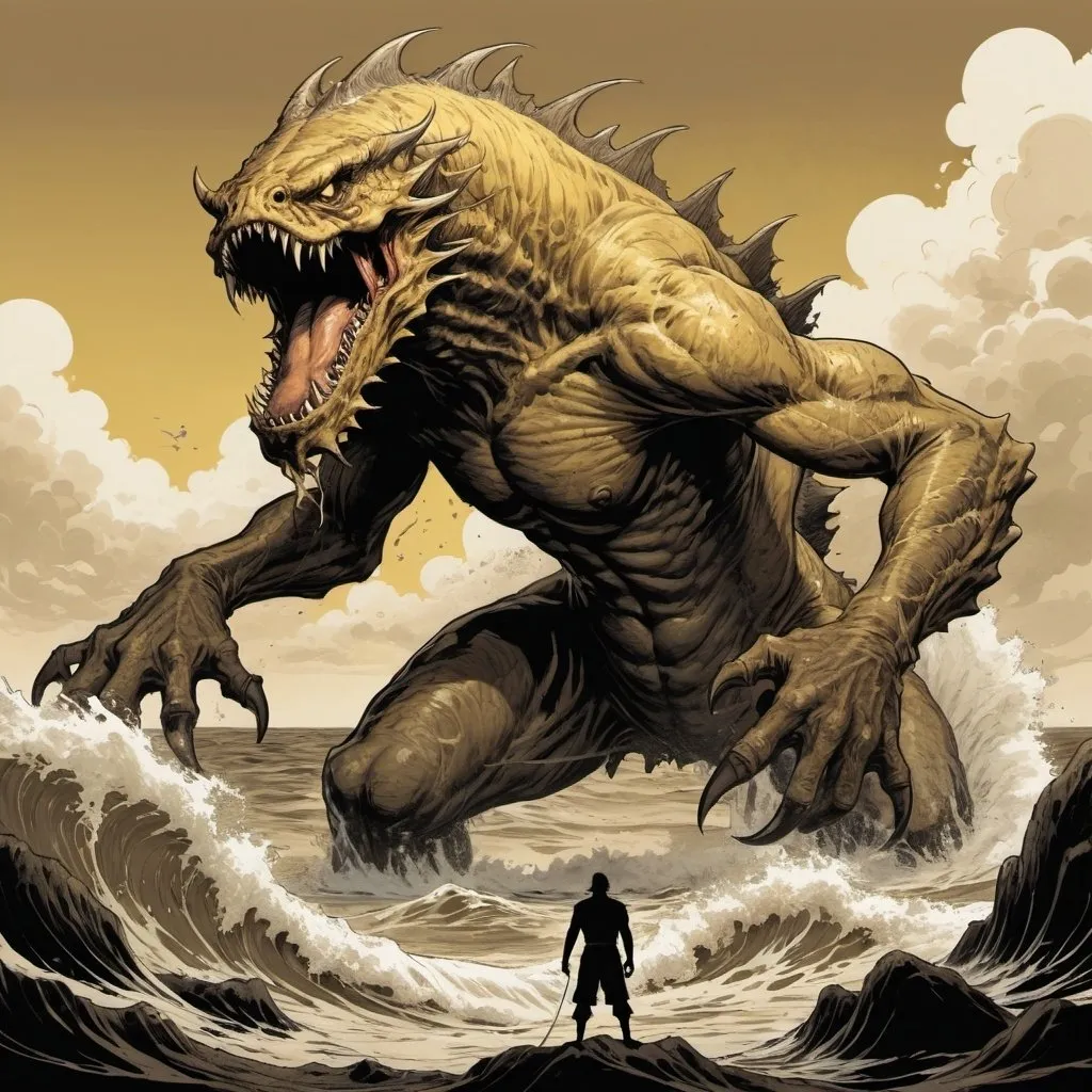 Prompt: an illustrator in front of a large
sea monster, in the style of mike
deodato, dark beige and yellow,
brutal action, grotesque
characters, limited palette,
japanese folklore-inspired art,
sandalpunk
