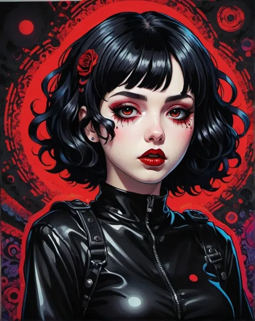 Prompt: psychedelic print a full-body, high-resolution anime style of a rebellious teenage female goth with short curly black hair, thin face, intense red lips, gothic fashion, inspired by the works of Yoshiaki Kawajiri, vibrant and edgy, with dramatic lighting and dynamic composition