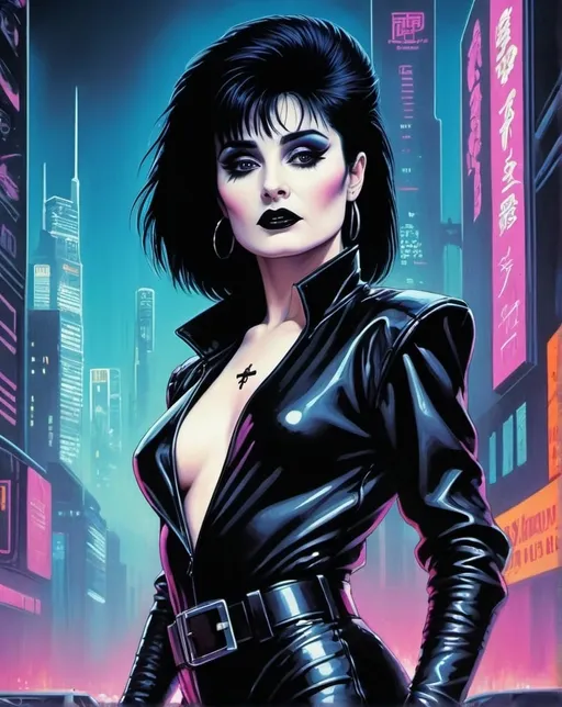 Prompt: 80s, 1girl, goth, siouxsie, michelle pffifer, cyberpunk, futuristic city background, 80s movie poster art style,, pulp style