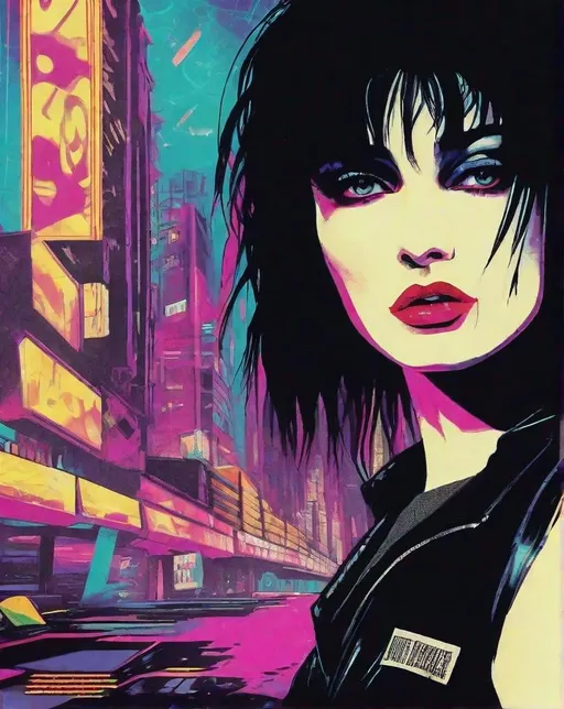 Prompt: retro 80s art, 80s, 1girl, goth, siouxsie, michelle pffifer, cyberpunk, futuristic city background, 80s movie poster art style,