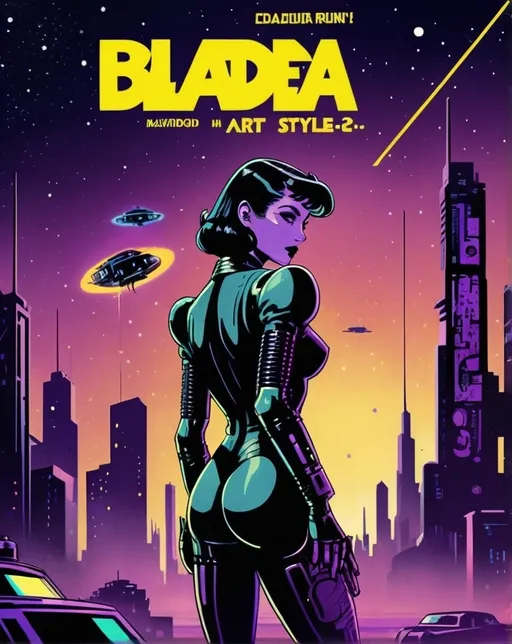 Prompt: 《bladerunner》filmposter：1 Lady, Starry sky and zodiac signs, Purple hues like nebulae, Vast space, city at the bottom of cyber punk personage, ( Background with:black and yellow Background with1.4), (RHAD:1.2), (artistic décor:1.4), (Retro-Future:1.4), (maximalist:1.4), (Clean:1.4), (Flat_colours:1.4), (cyber punk personage,Android:1.4), CCDDA art style, in the style of Jack Kirby and Wally Wood, 1940s vintage comic, faded colors