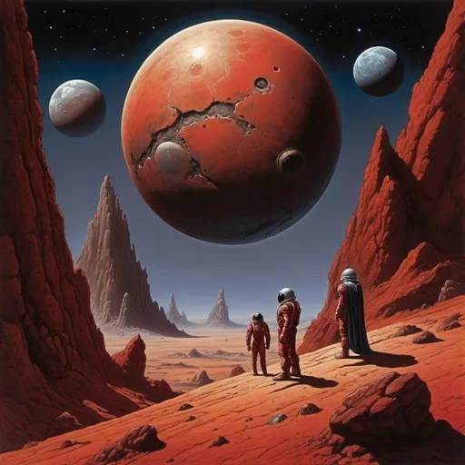 Prompt: in a distant rock, in the style of
richard corben, brothers
hildebrandt, distinctive noses,
space art, darkly detailed,
mars ravelo, dark silver and
crimson
