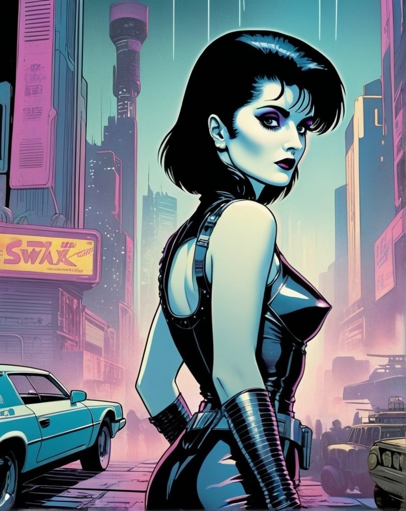 Prompt: 80s, 1girl, goth, siouxsie, michelle pffifer, cyberpunk, futuristic city background, 80s movie poster art style,, in the style of Jack Kirby and Wally Wood, 1940s vintage comic, faded colors