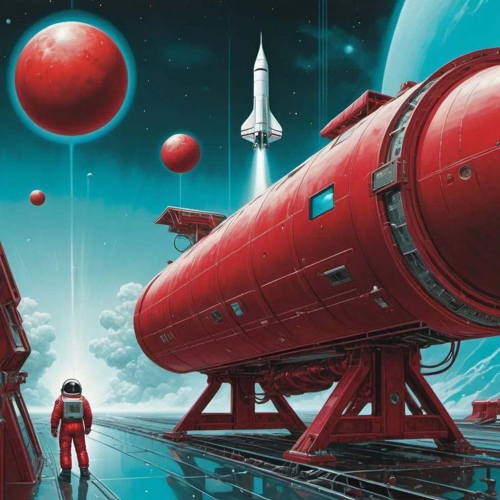 Prompt: space travel poster, in the style
of neo-geo, realist detail,
depictions of inclement weather,
computer-aided manufacturing,
cyan and crimson, peter blume,
multiple points of view
