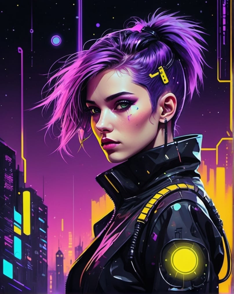 Prompt: psychedelic print a 《bladerunner》filmposter：1 Lady, Starry sky and zodiac signs, Purple hues like nebulae, Vast space, city at the bottom of cyber punk personage, ( Background with:black and yellow Background with1.4), (RHAD:1.2), (artistic décor:1.4), (Retro-Future:1.4), (maximalist:1.4), (Clean:1.4), (Flat_colours:1.4), (cyber punk personage,Android:1.4), CCDDA art style