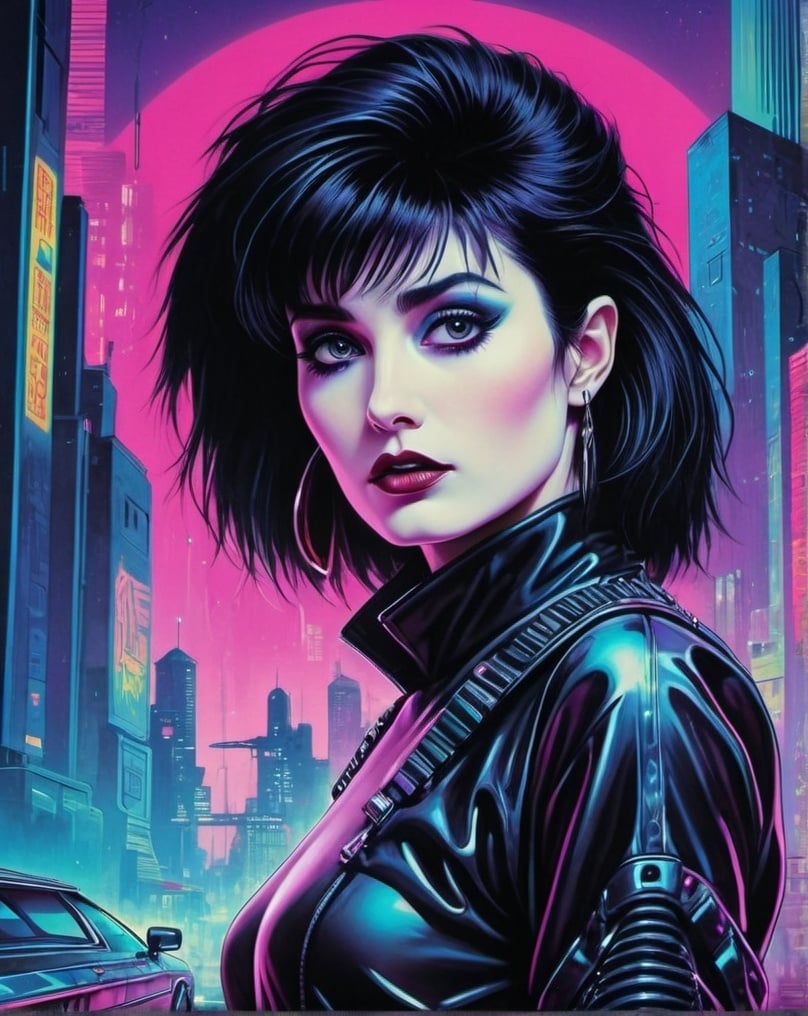 Prompt: psychedelic print a 80s, 1girl, goth, siouxsie, michelle pffifer, cyberpunk, futuristic city background, 80s movie poster art style,