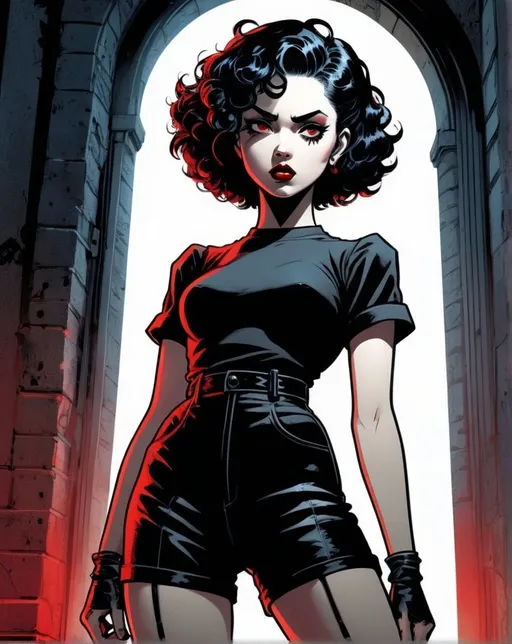 Prompt: a full-body, high-resolution anime style of a rebellious teenage female goth with short curly black hair, thin face, intense red lips, gothic fashion, inspired by the works of Yoshiaki Kawajiri, vibrant and edgy, with dramatic lighting and dynamic composition, in the style of Jack Kirby and Wally Wood, 1940s vintage comic, faded colors