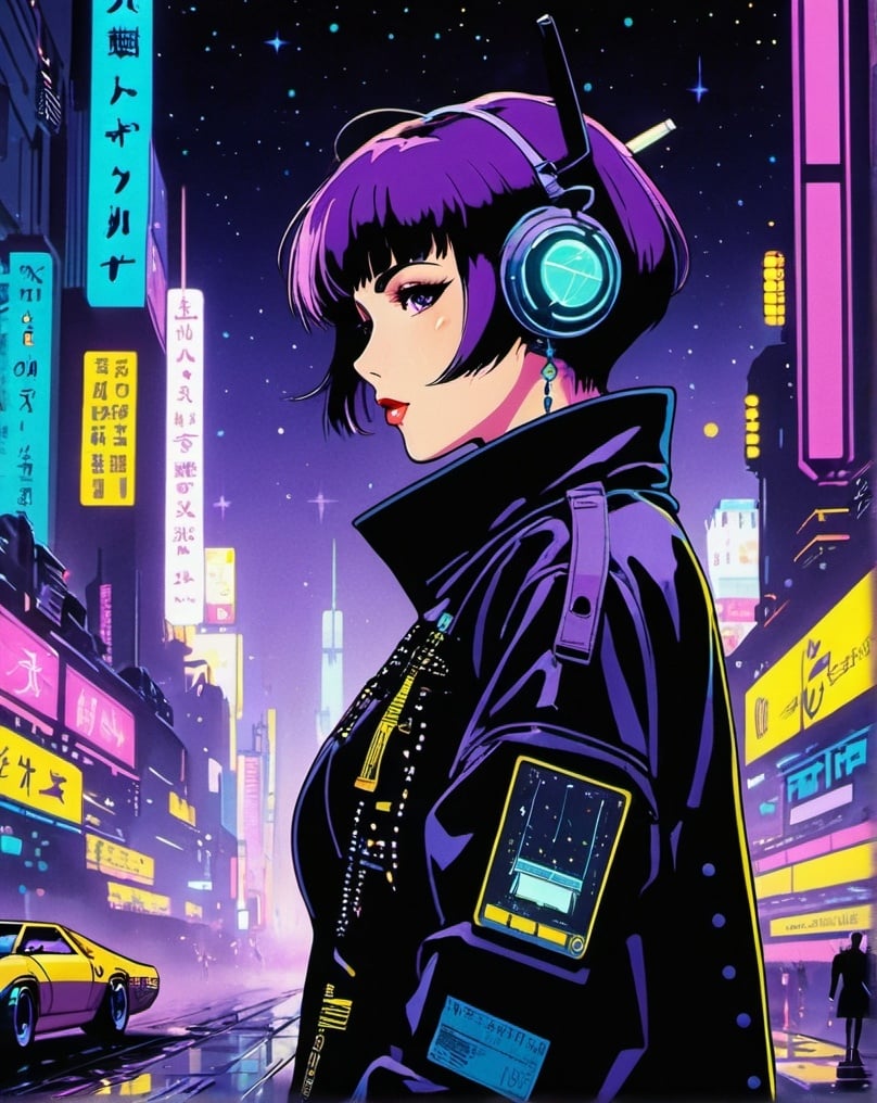 Prompt: 1990s anime screencap, 《bladerunner》filmposter：1 Lady, Starry sky and zodiac signs, Purple hues like nebulae, Vast space, city at the bottom of cyber punk personage, ( Background with:black and yellow Background with1.4), (RHAD:1.2), (artistic décor:1.4), (Retro-Future:1.4), (maximalist:1.4), (Clean:1.4), (Flat_colours:1.4), (cyber punk personage,Android:1.4), CCDDA art style